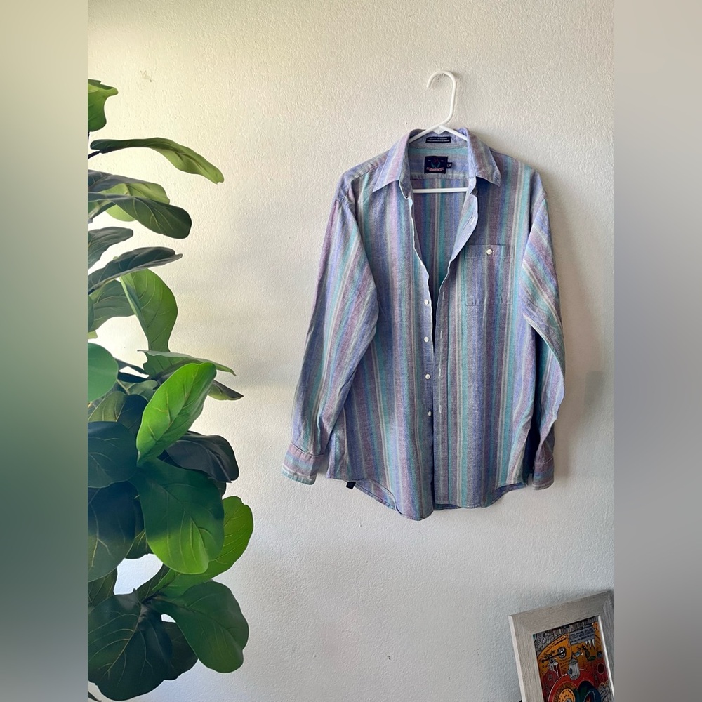 Vintage Members Only Multicolor Pastel Striped Button-up Shirt Men’s Size Large